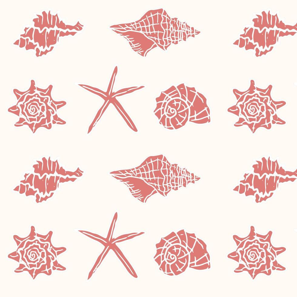 Seashells hand-drawn colorful seamless pattern. Red shell on white background. Nautical seamless background for summer, beach, textile, packaging vector