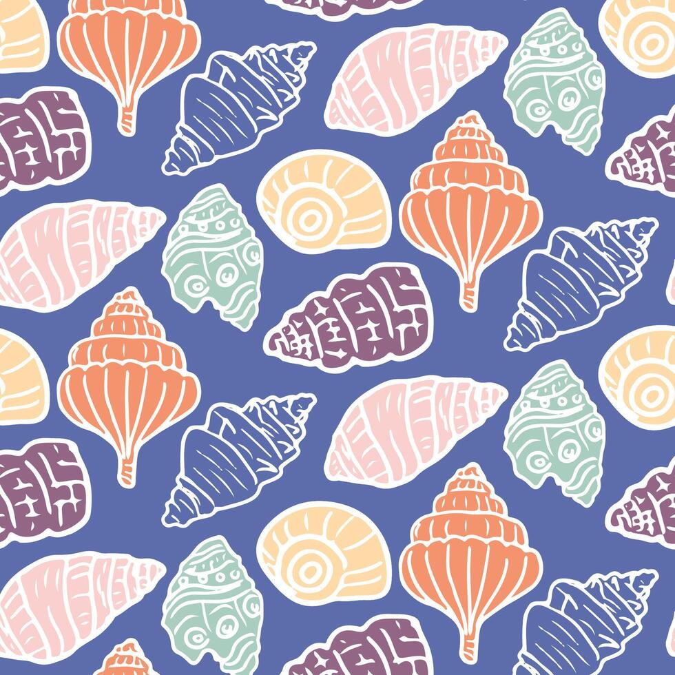 Pattern is hand-drawn and features of colorful seashells in a nautical style. Perfect for t-shirt designs, textiles, wallpapers, packaging, cards, summer prints and creative projects. vector