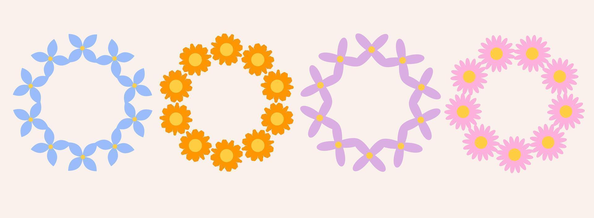 Set of colorful flowers frame. Retro geometric spring flowers. Groovy simple flowers set. Botanical circle border. For greeting card, poster, banner, logo. vector
