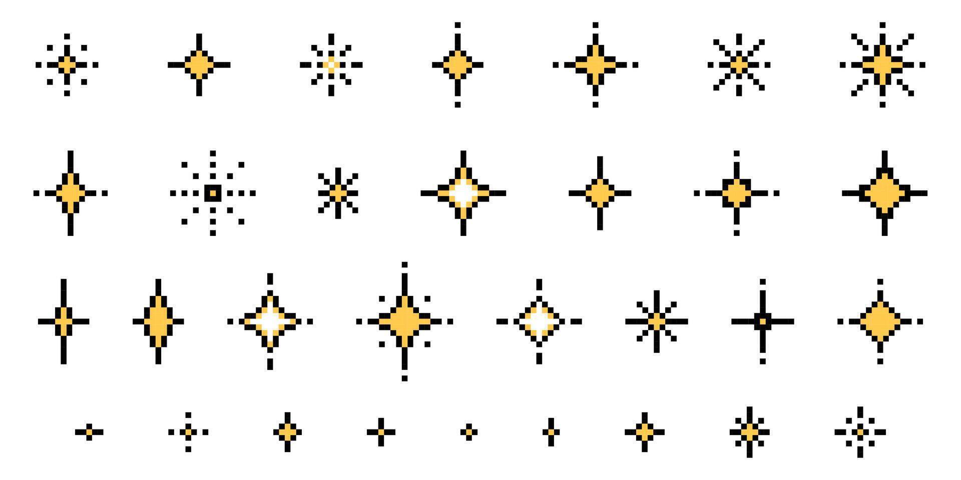 Set of pixel art star shapes in trendy retro style. Trendy Y2K signs for banners, social media, poster design. Brutalist geometric shapes. Futuristic sparkle icons in 8 bit style vector