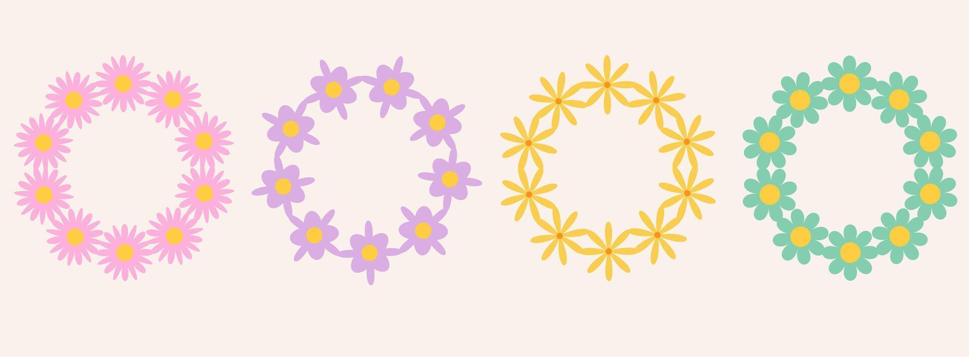 Set of colorful flowers frame. Retro geometric spring flowers. Groovy simple flowers set. Botanical circle border. For greeting card, poster, social media, logo. vector