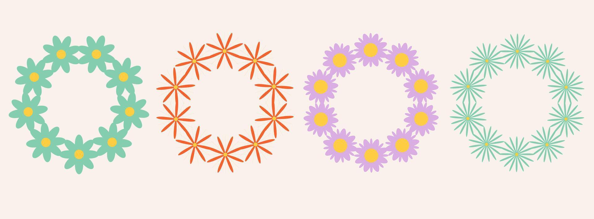 Set of flowers frame. Retro geometric spring flowers. Groovy simple flowers set. Botanical circle border. For greeting card, poster, banner, social media, logo. vector