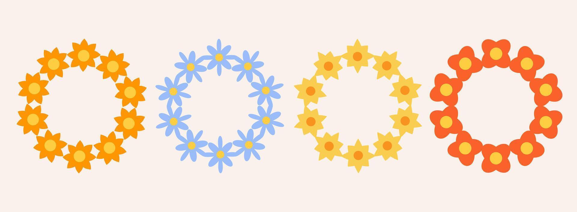 Set of colorful flowers frame. Retro spring flowers. Groovy simple flowers set. Botanical circle border. For greeting card, poster, banner, social media, logo. vector