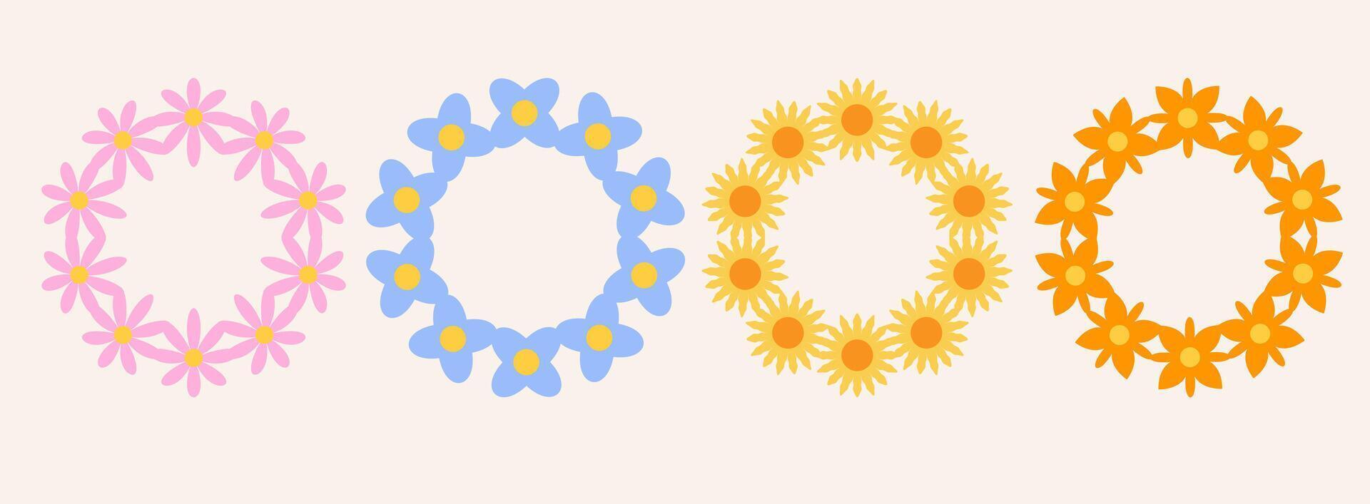 Set of colorful flowers frame. Retro geometric spring flowers. Groovy simple flowers set. Botanical border. For greeting card, poster, banner, social media, logo. vector