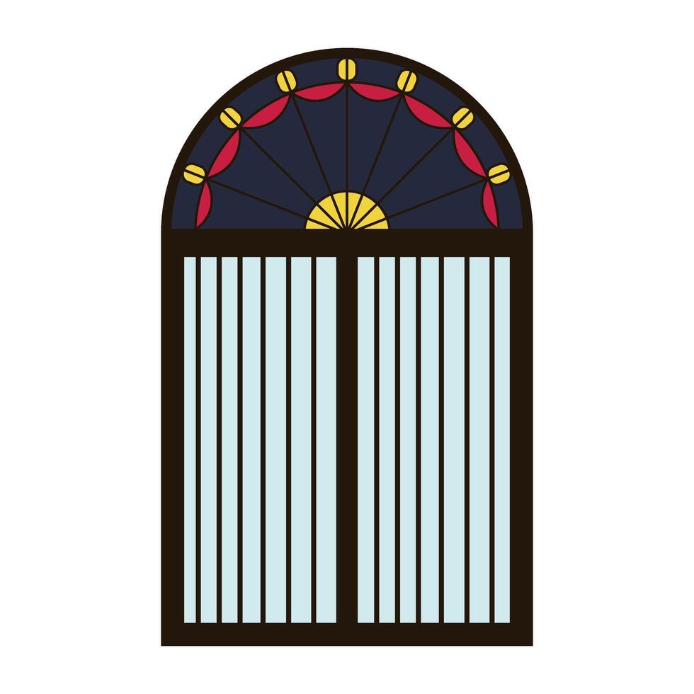 Stained glass arch window frame vintage. Silhouette of fence element vector