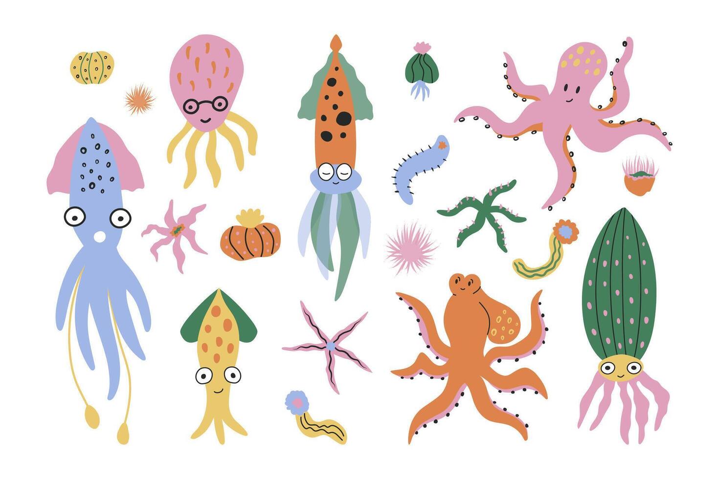 Set with marine wild animals. Squid, octopus, starfish and sea cucumber. Tropical colorful illustration. Design for cover, scrapbook, card. vector
