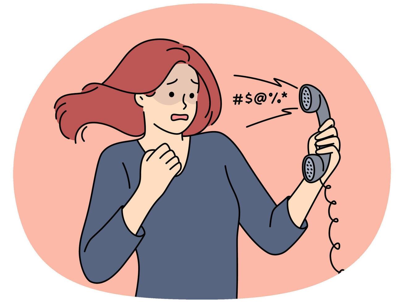 Woman is frightened hears scream or insulting words of interlocutor on wired telephone vector