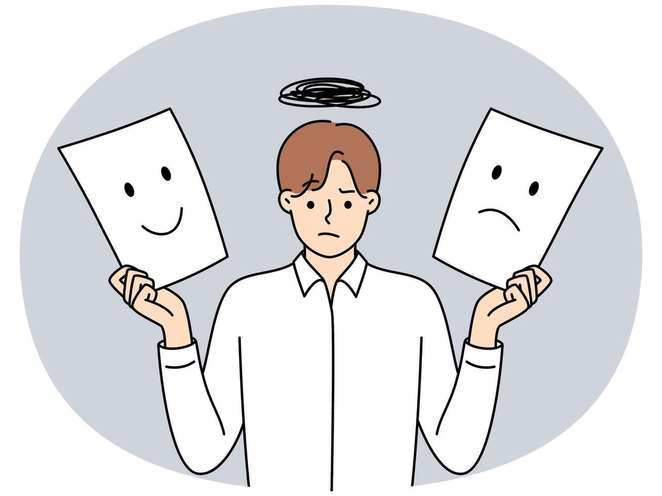 Man holds two sheets of paper with different emotions symbolizing mood swings vector