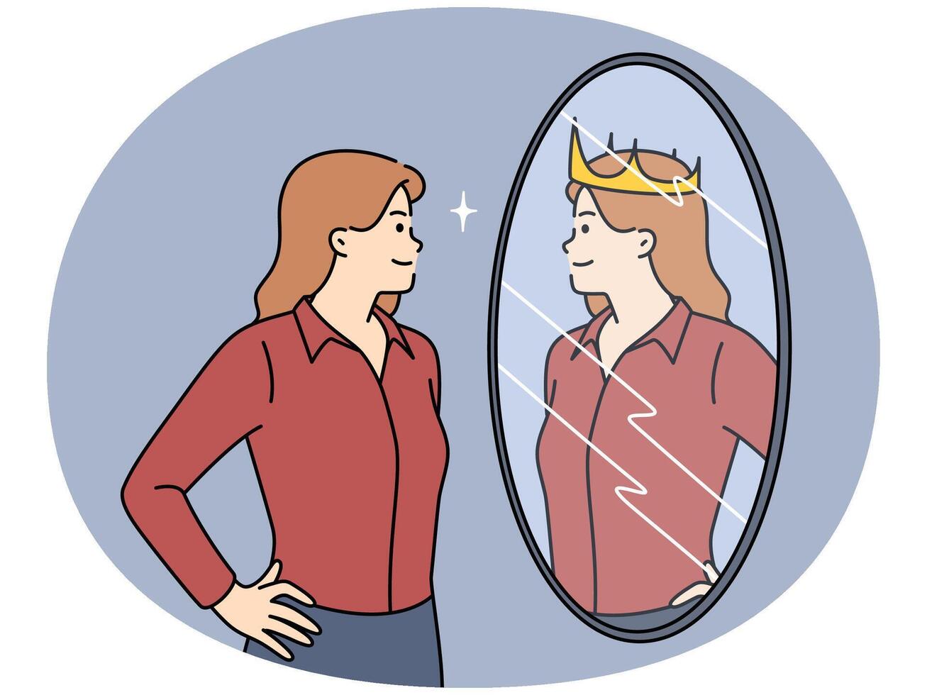 ambitious woman looks in mirror and sees own reflection with crown symbolizing success vector