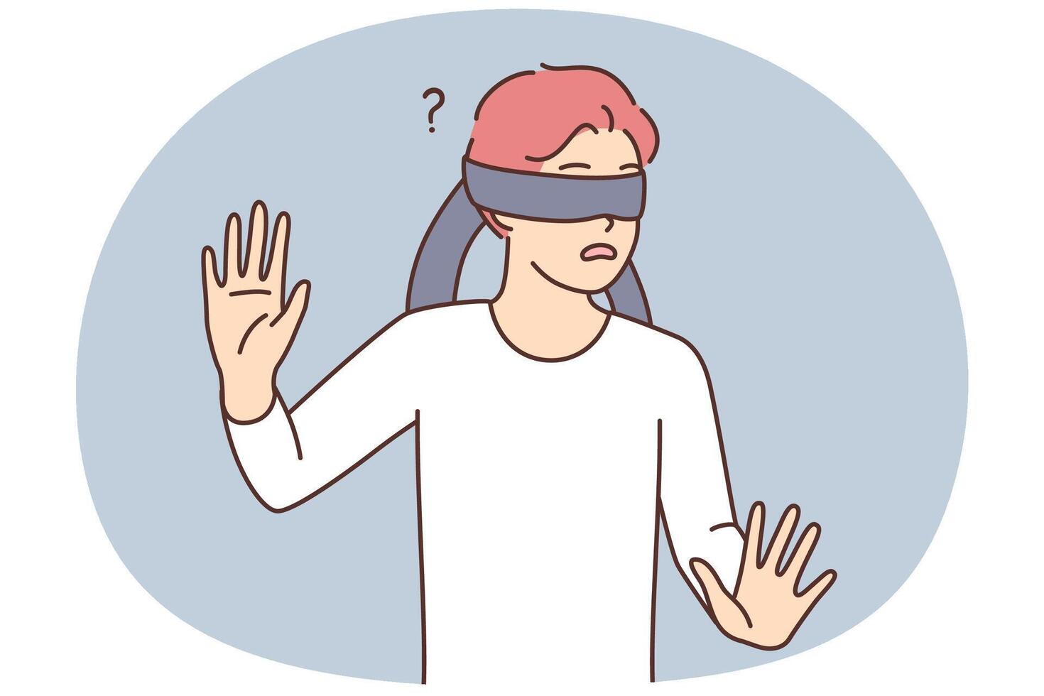 Frightened teen boy blindfolded trying to grope road of action in blind vector
