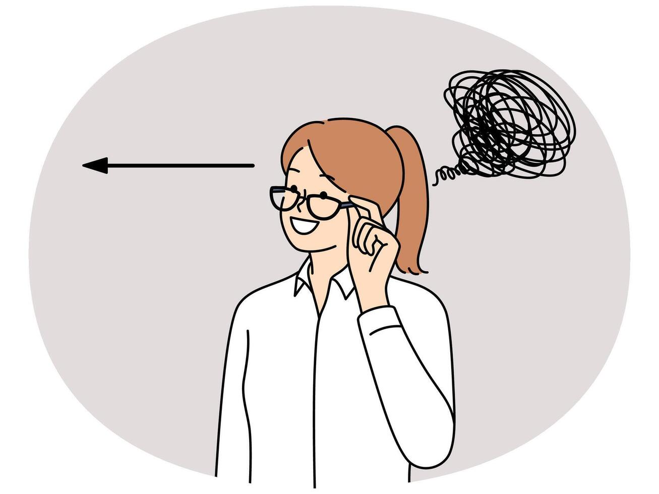 Woman smiling adjusts glasses and looks away standing near arrow and tangled long line vector