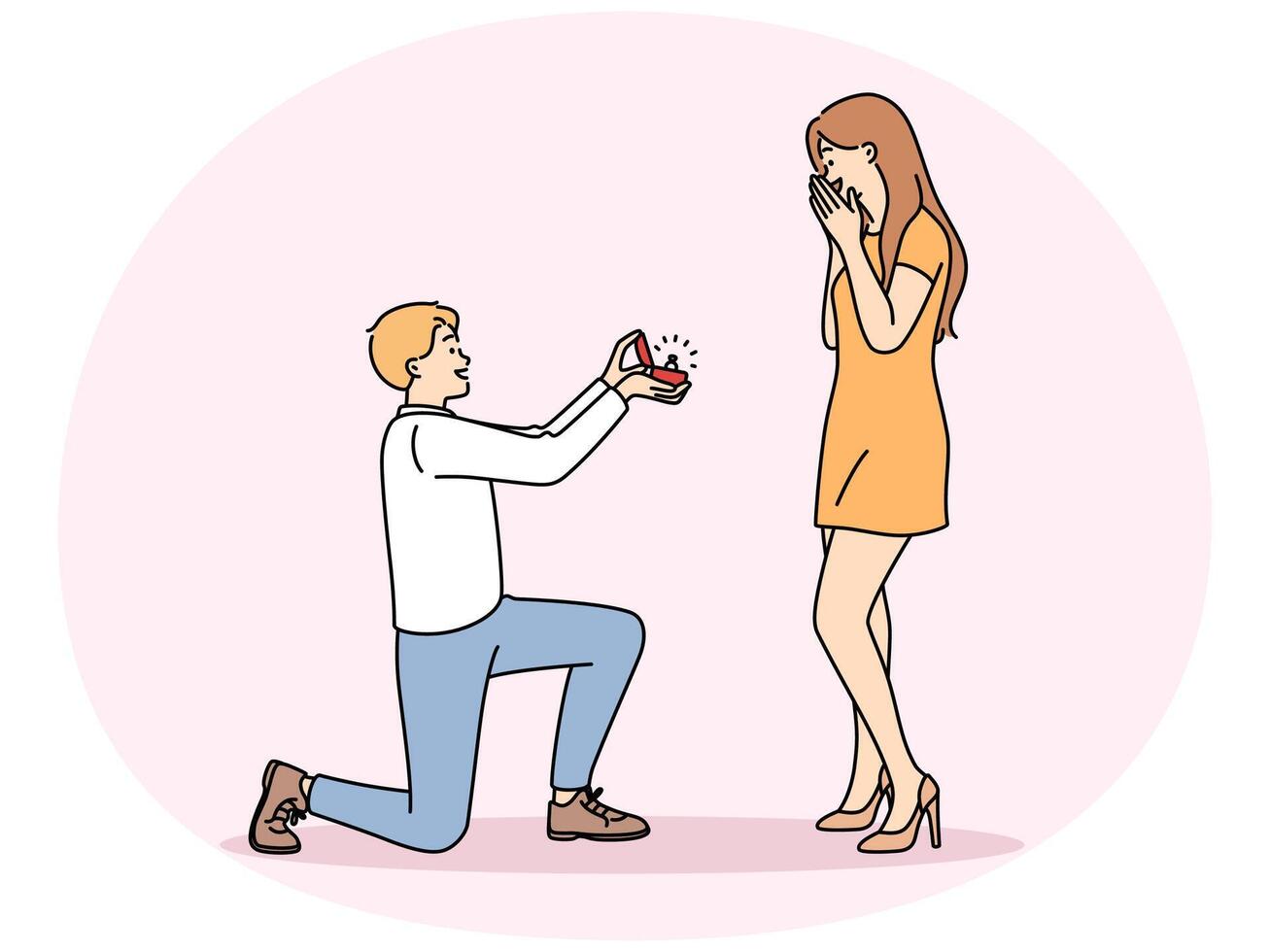 Man in love kneeling down, gives ring to beloved, offering to marry and play wedding vector