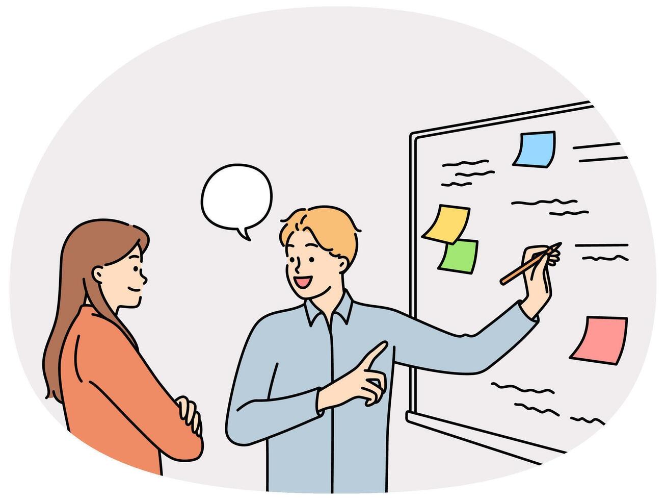 Man and woman employees of startup stand at whiteboard are brainstorming vector