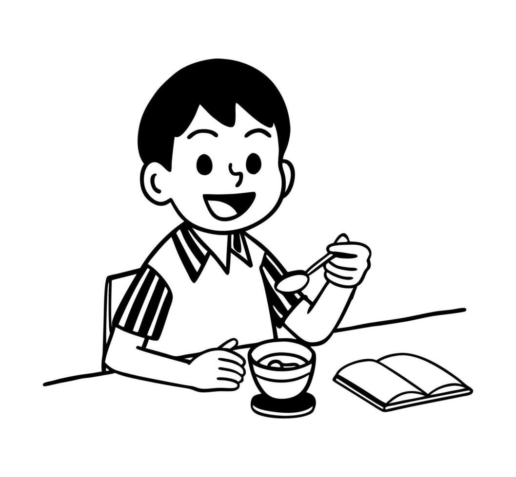 A little boy eating breakfast vector