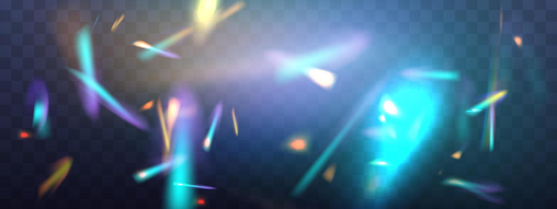 Blurred rainbow refraction overlay effect. Light lens prism effect on dark background. Holographic reflection, crystal flare leak shadow overlay. abstract illustration. vector