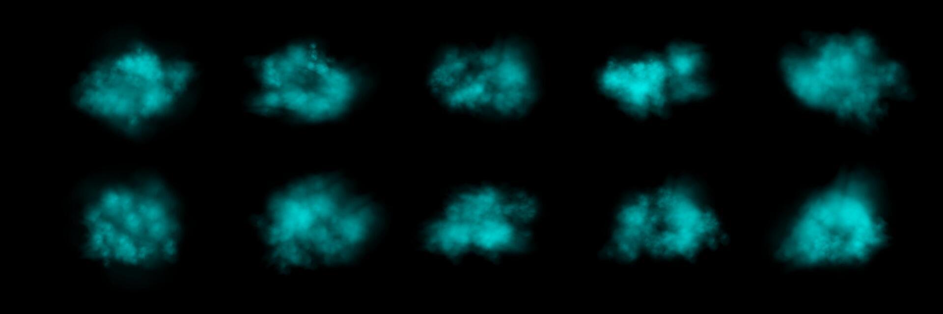 Set of realistic teal smokes or haze on a black background. Magic fog, vapor. illustration vector