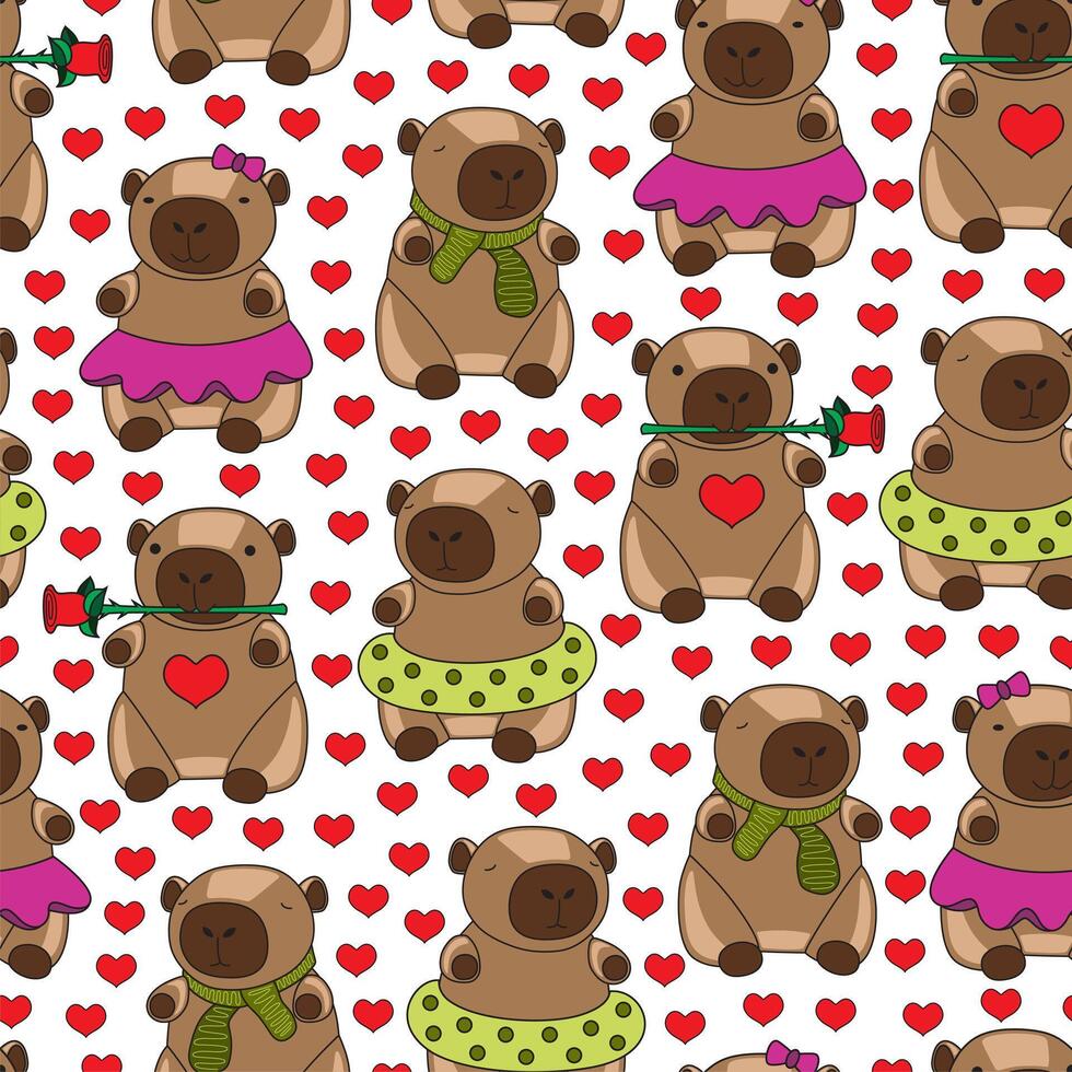 Cozy seamless pattern with capybaras and hearts on white background. Textile, wrapping paper, wallpaper design. Print for fabric. Kids background vector