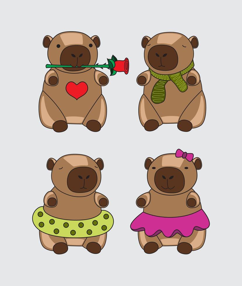 Funny cartoon capybaras set or collection. Capybara with rose, scarf, swimming ring and skirt. Adorable nice animal. Hand drawn style. Collection of design elements. vector