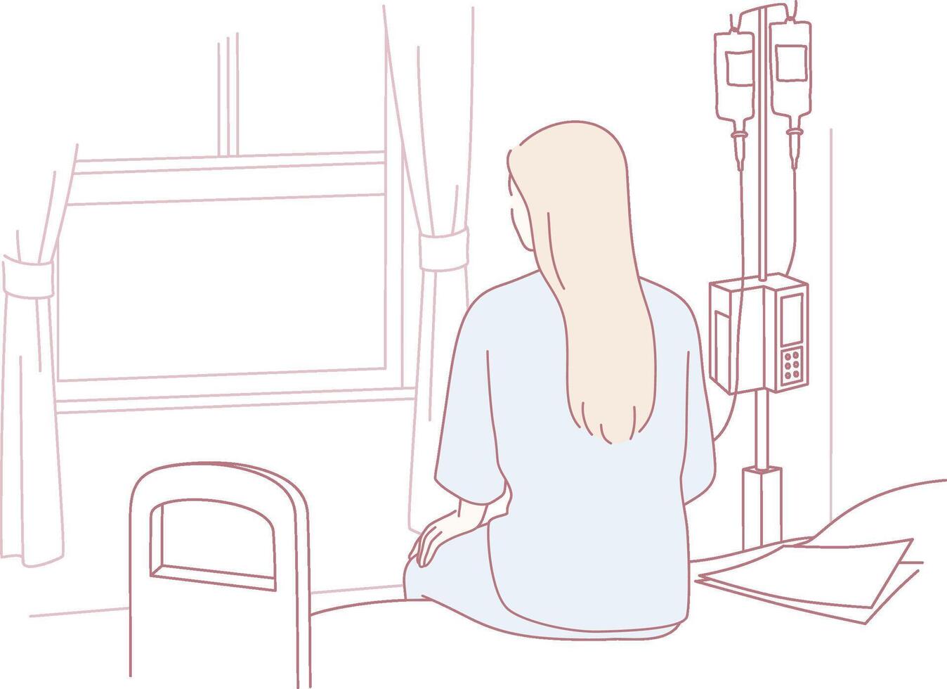 A young woman sits in a hospital room, reflecting by the window on her health journey vector