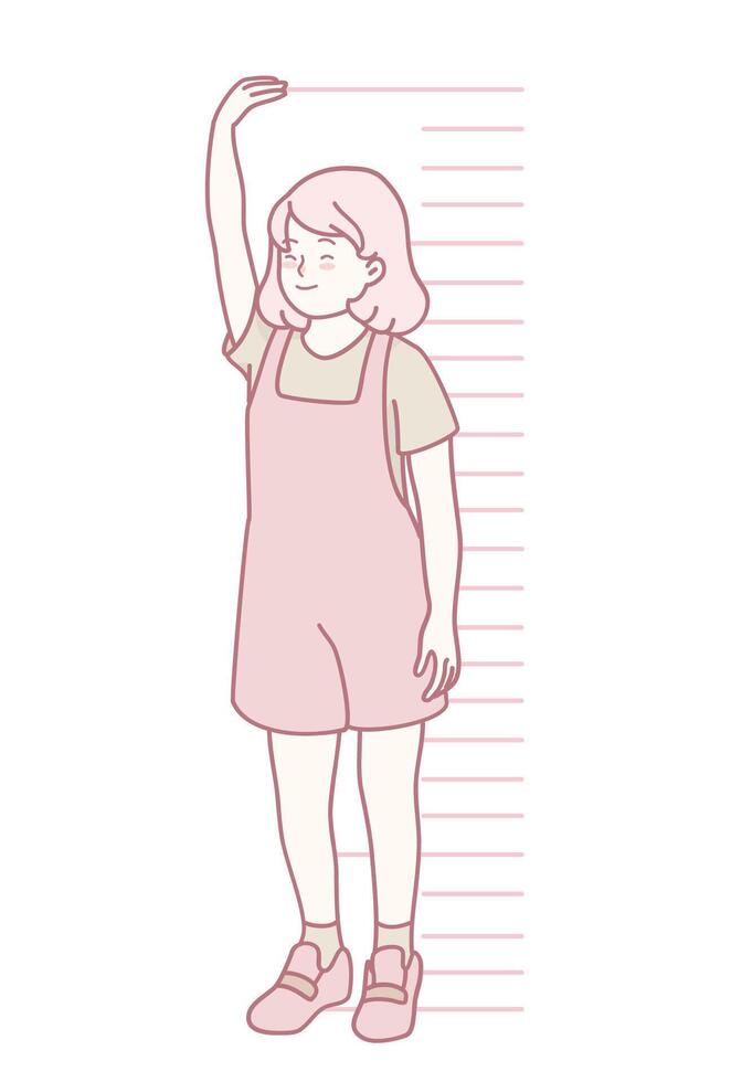 A Delightful Illustration of a Child Measuring Height with Their Outstretched Arm vector