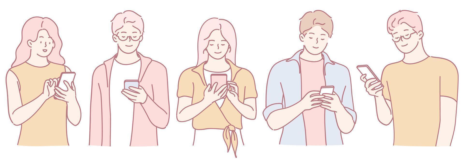 Diverse Young Adults Actively Engaging with Their Smartphones in a Modern Lifestyle vector