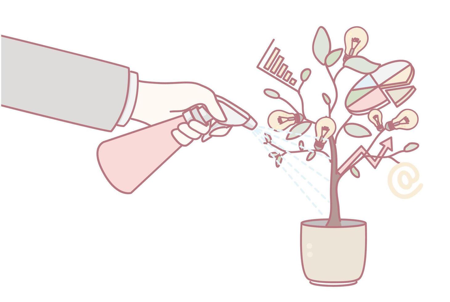 Watering a beautiful plant using a spray bottle for promoting healthy and vibrant growth vector