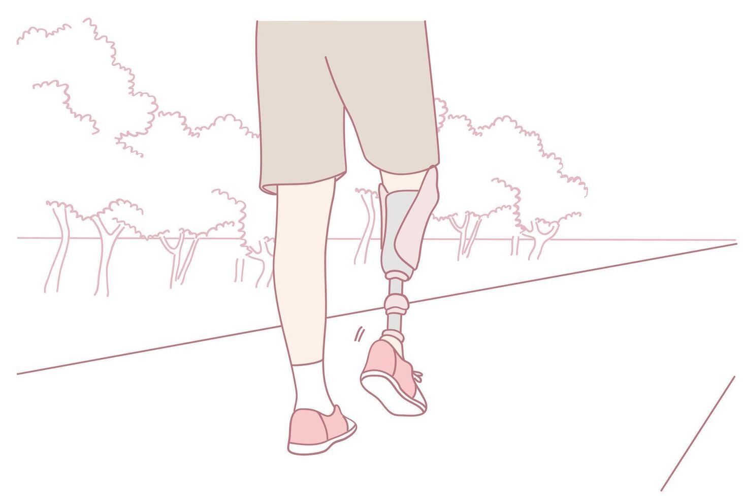 A person confidently walking through the beautiful nature landscape with a prosthetic leg vector
