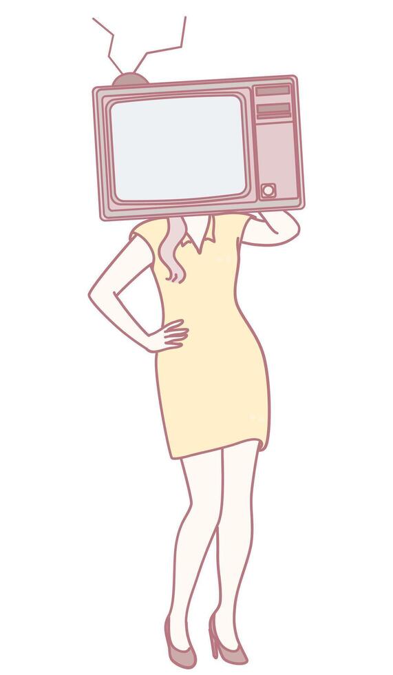 A vintage TV head woman illustrates media integration, blending artistic creativity and culture vector