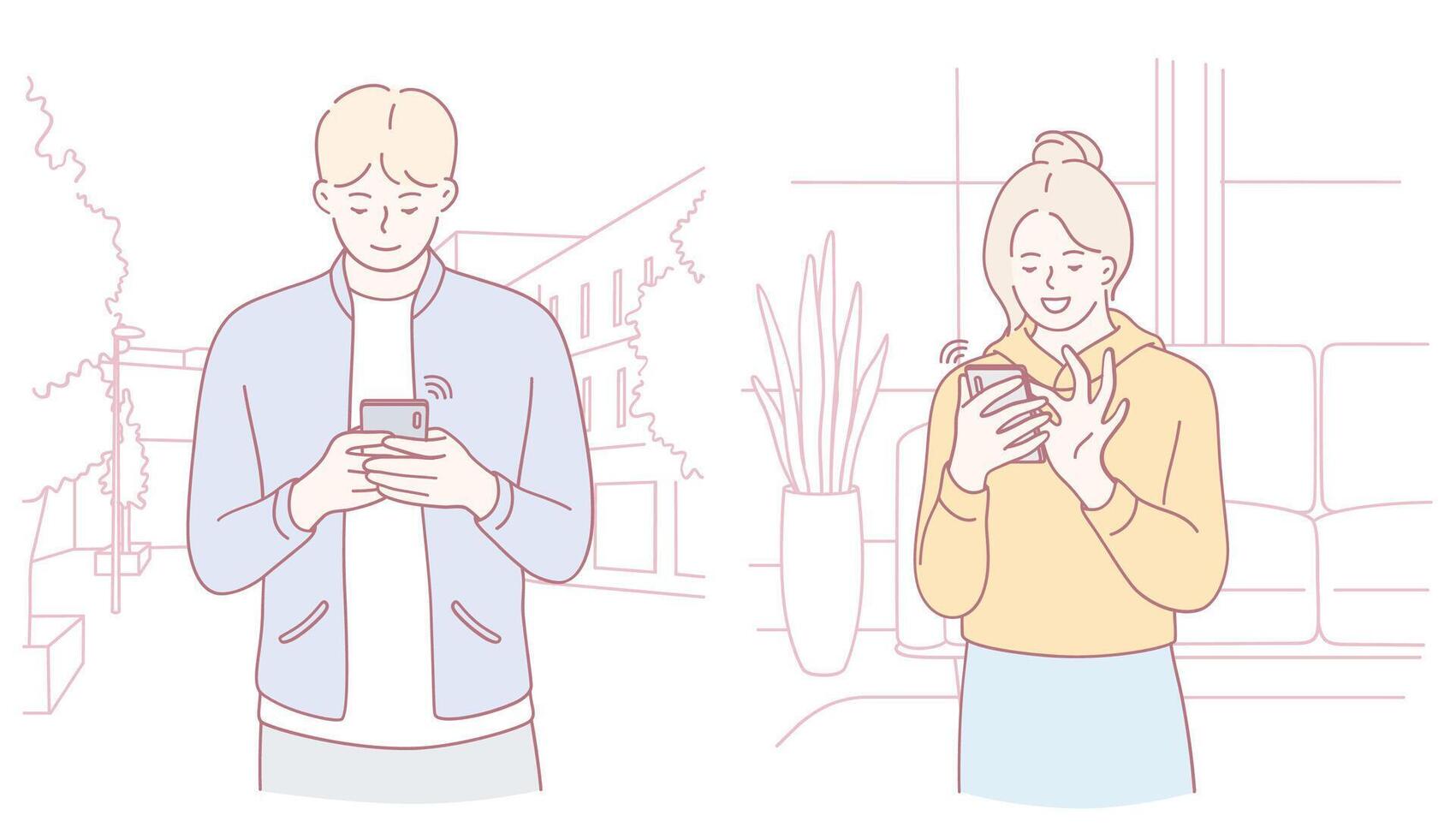 Two people are engrossed in their smartphones in different settings around them vector