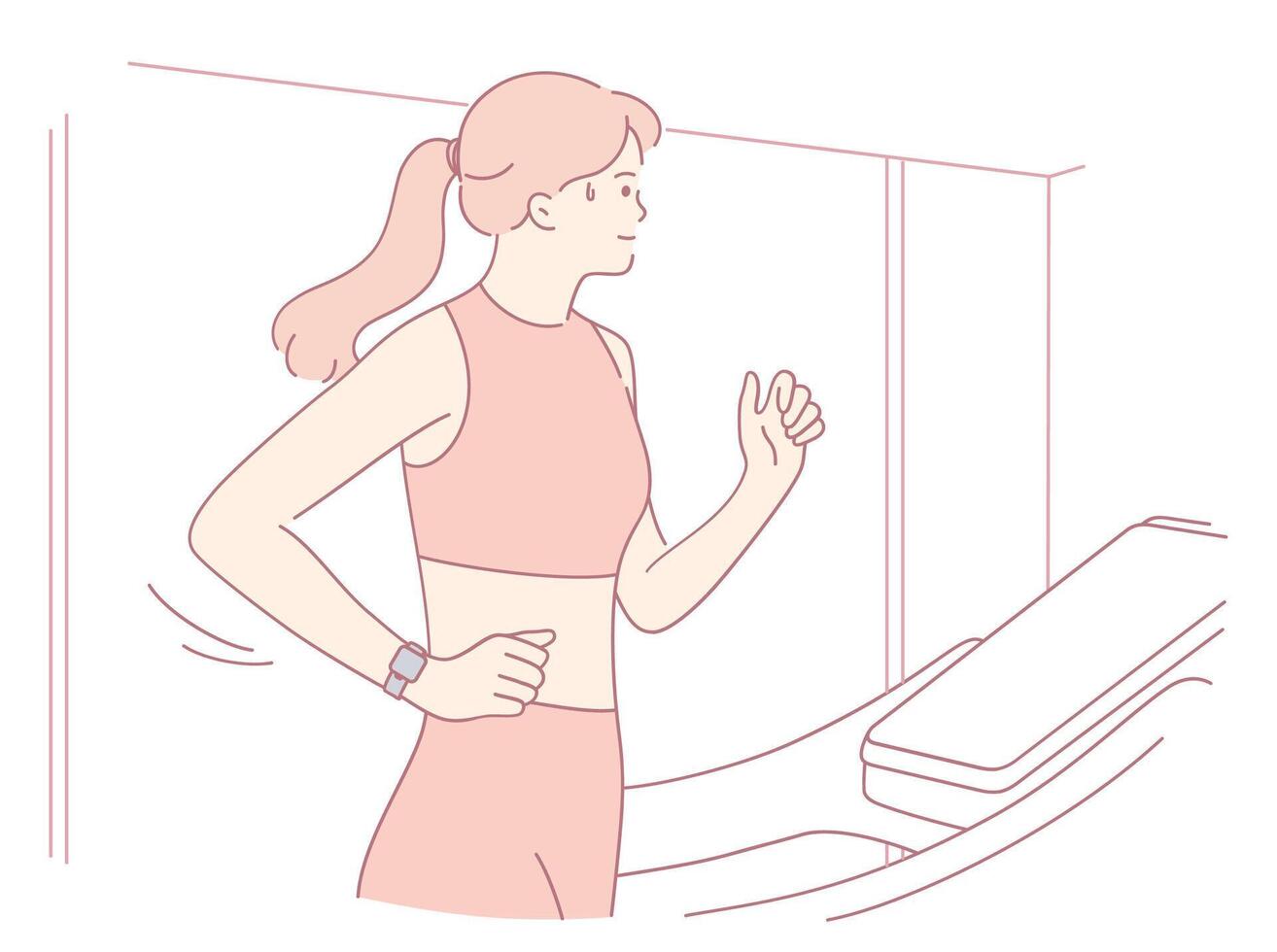 A woman runs on a treadmill in stylish activewear, showing her dedication to fitness vector
