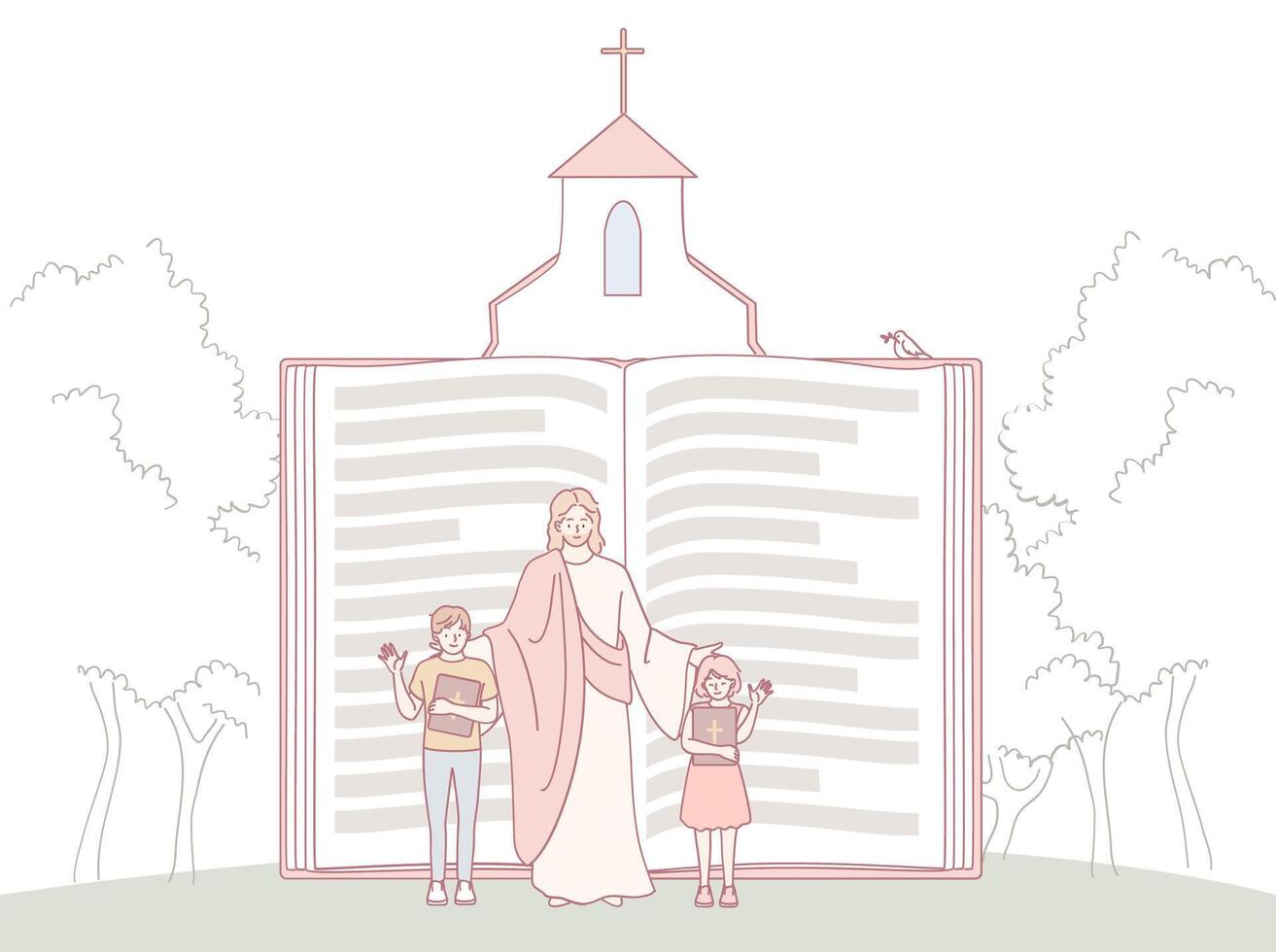 Children growing together in faith, embracing Jesus and the teachings found in Scripture vector
