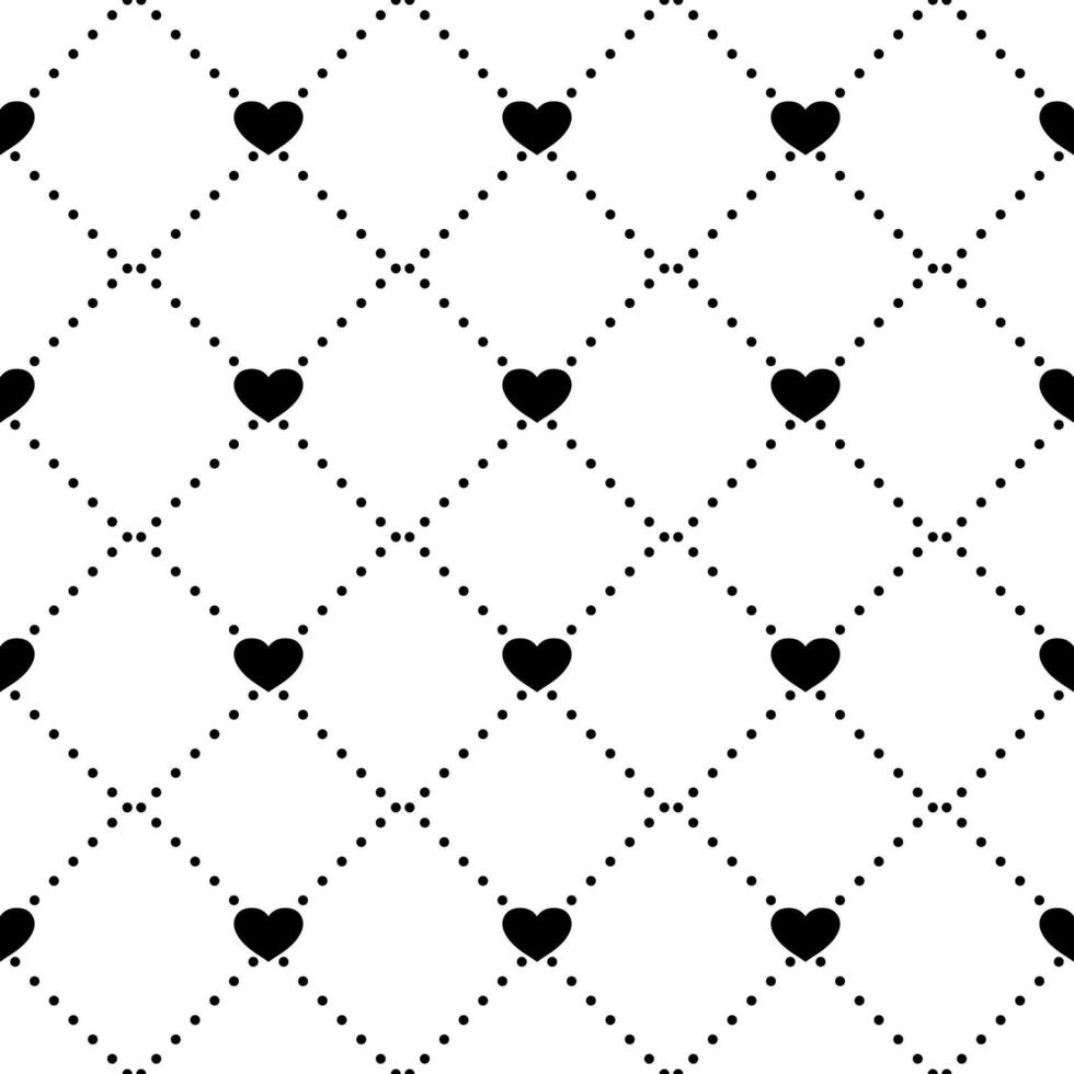 Seamless pattern with hearts. Geometric black repeating texture of dotted rhombuses with hearts in nodes. vector