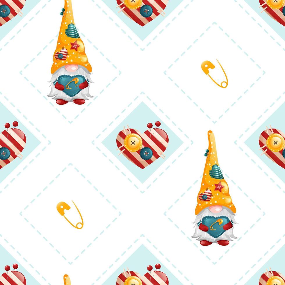 Geometric seamless rhombic tailor pattern with buttons. Repetitive pattern of cute gnome dwarf with safety pin and needle point pillow. vector