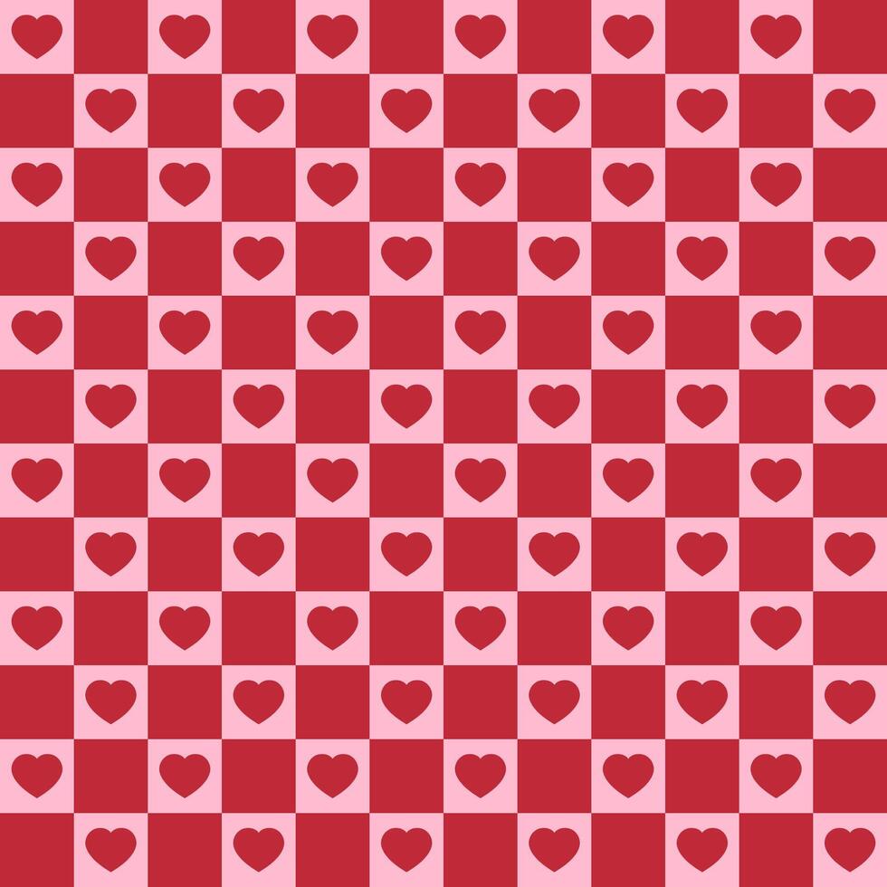 Seamless pattern with red hearts and squares. Geometric repeating gingham pattern, pink striped texture. vector
