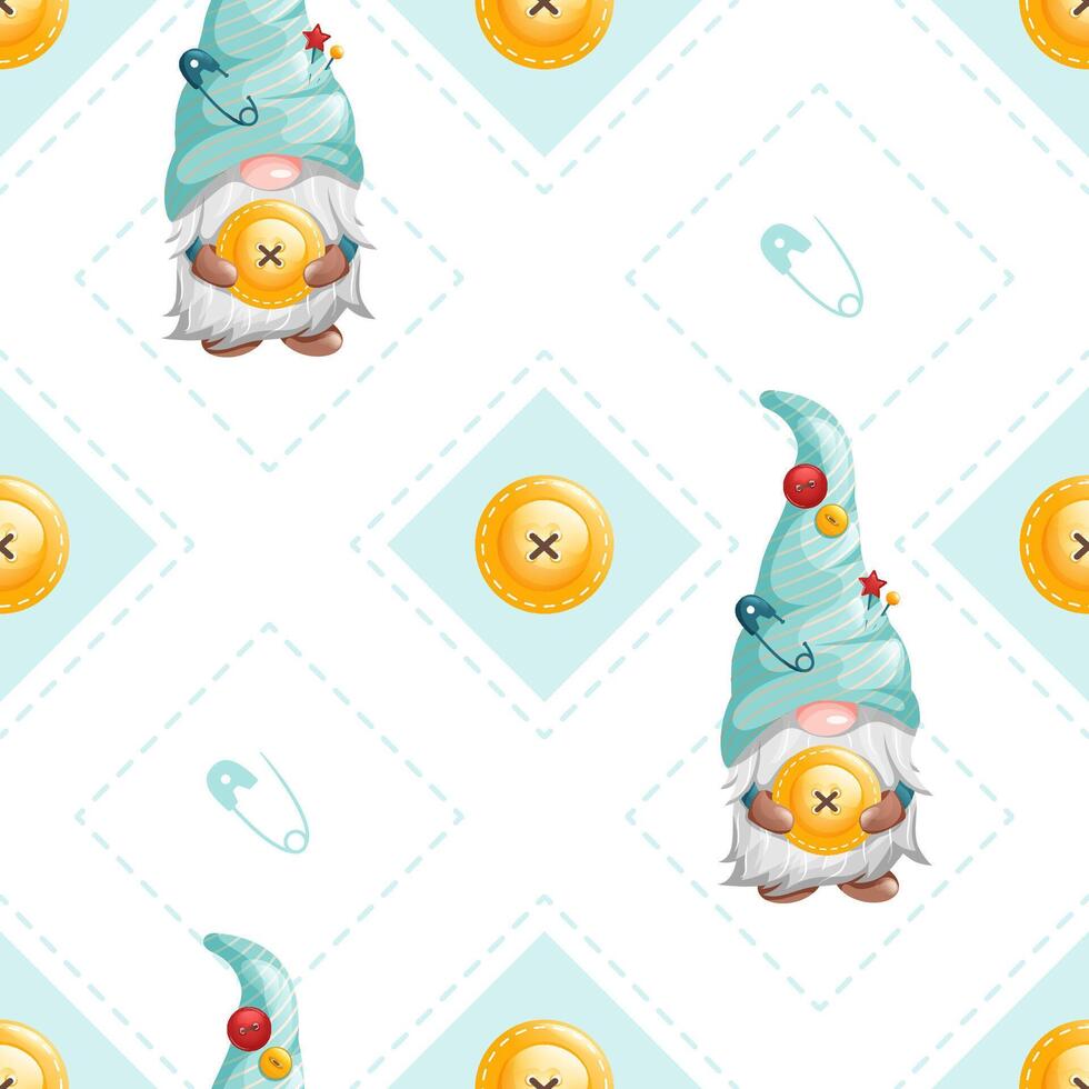 Geometric seamless rhombic tailor pattern with buttons. Repetitive pattern of cute dwarf gnome with pin for print design. illustration. vector