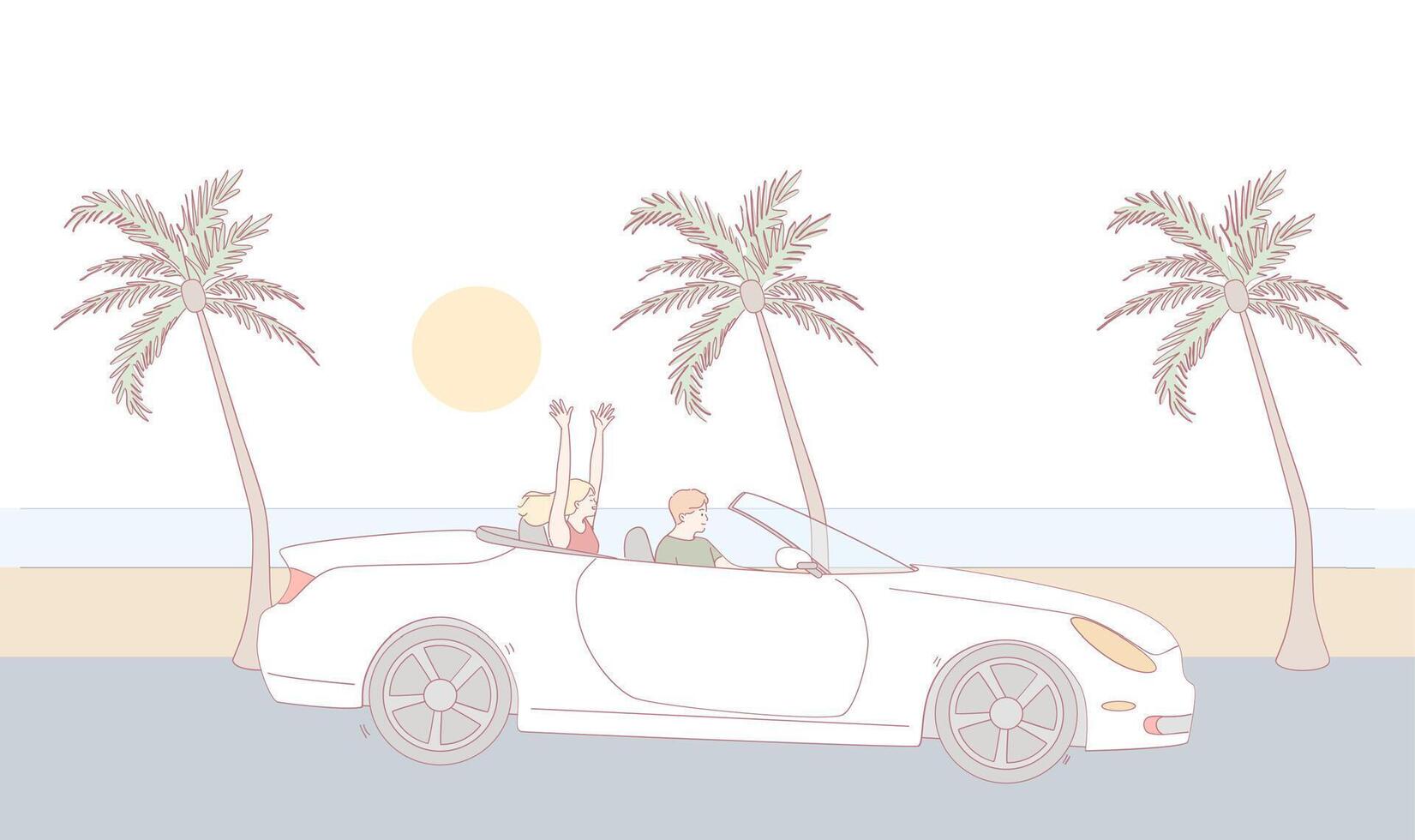 Experience the Joyful Road Trip under Bright and Sunny Skies with Tall Palm Trees all around vector