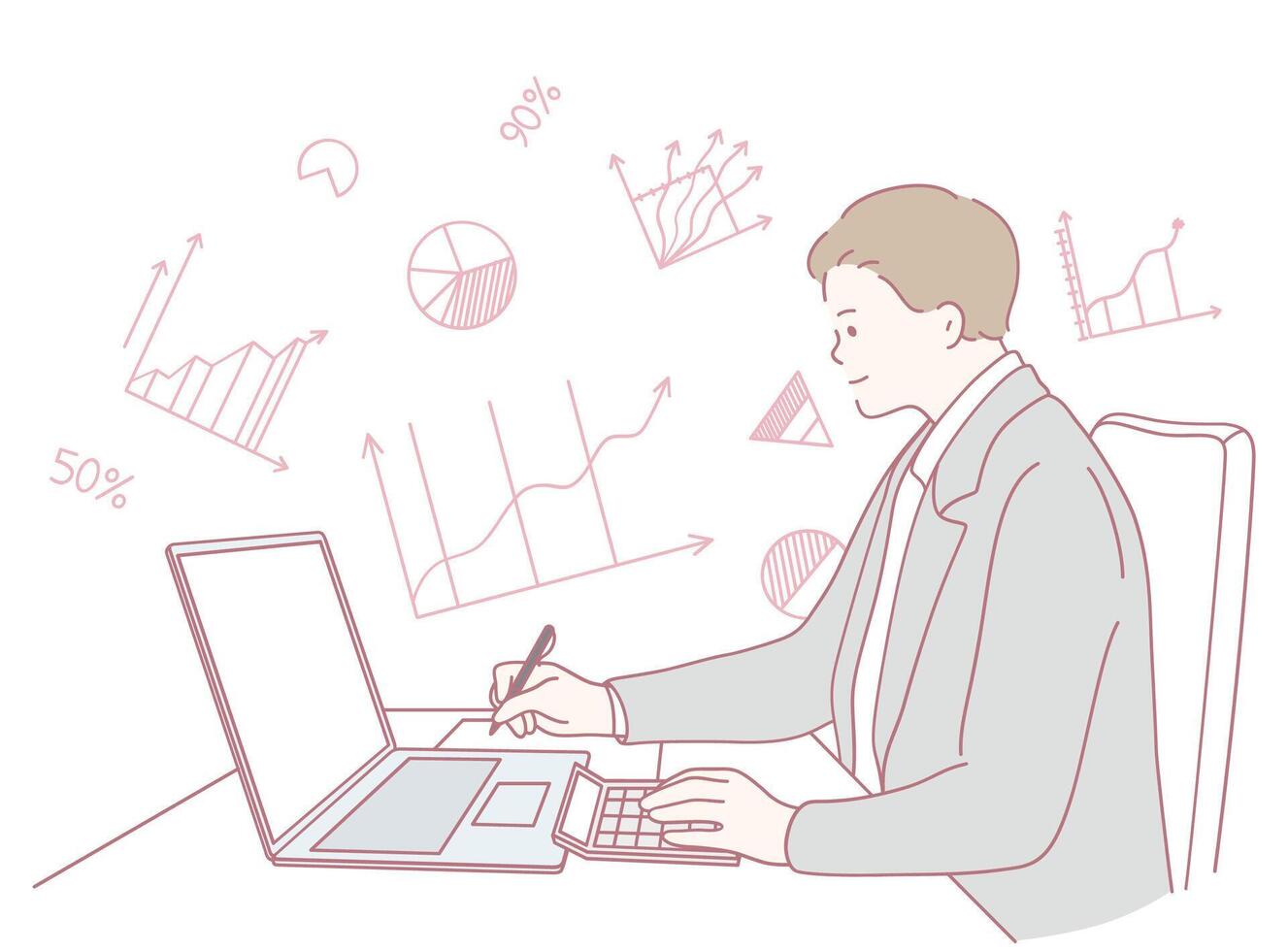 A skilled professional performs data analysis and visualization by using a laptop effectively vector