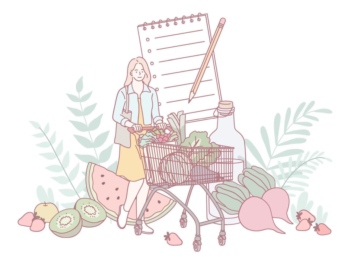 Engaging in Healthy Grocery Shopping While Focusing on Fresh and Seasonal Produce Choices vector