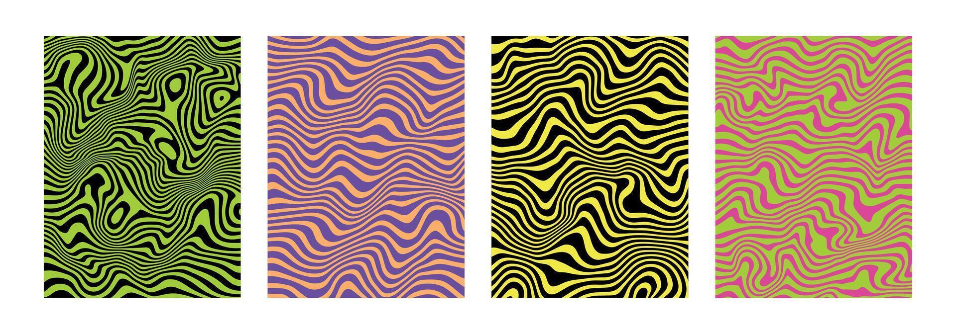 Neon liquify distorted backgrounds. Modern abstract marble posters. Hypnotic wavy lines. Psychedelic acrylic texture. Retro hippie aesthetic. Groovy swirls, spirals. Banner, placard. vector