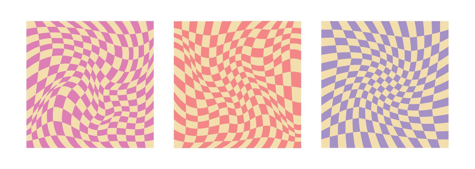 Candy cane pastel checkered boards. Abstract childish square backgrounds. Geometric pattern. Optical illusion, modern art. Psychedelic groovy swirls. Hippie covers, posters, cards, banners. . vector