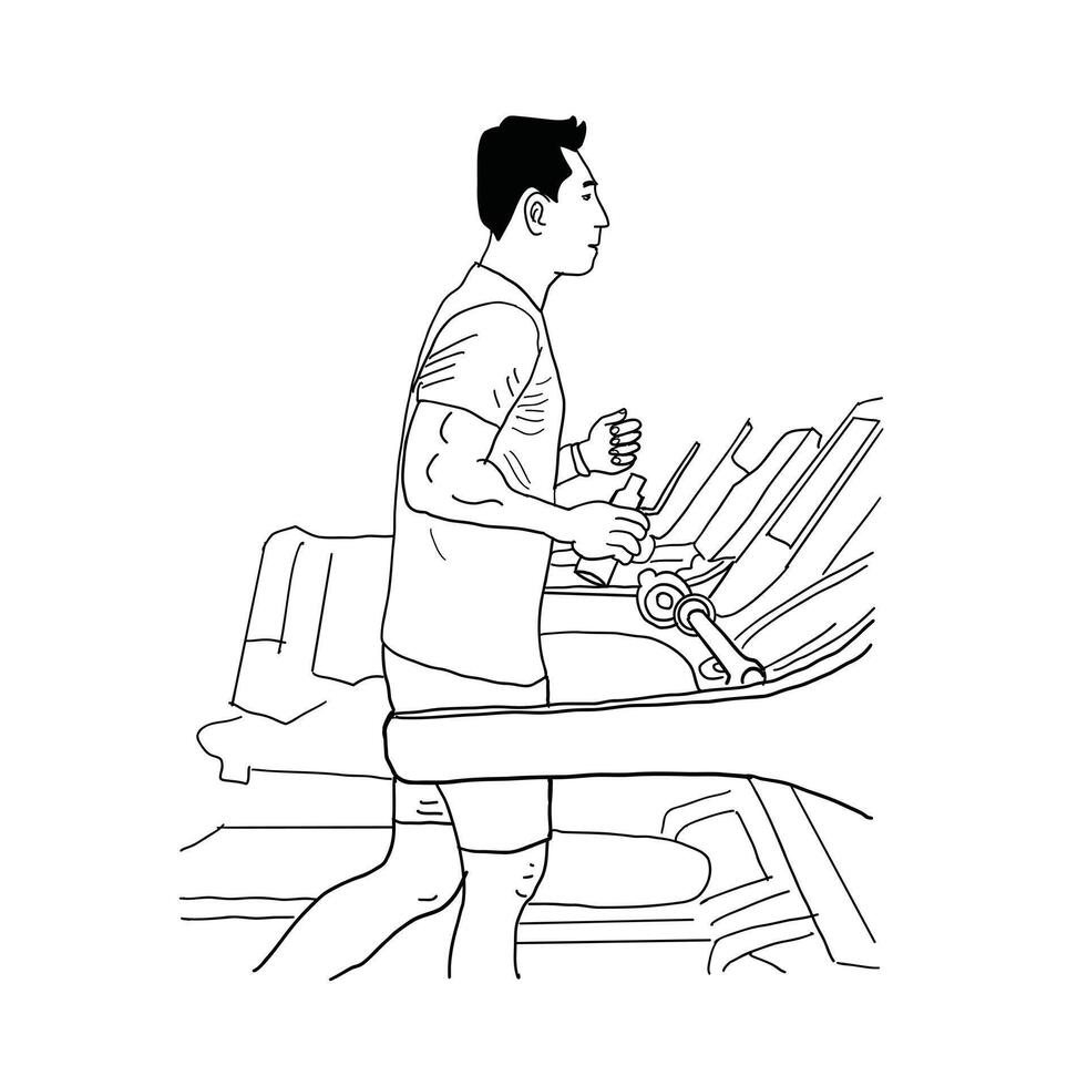 black and white line. man is running on the treadmill. Cartoon Style Illustration vector