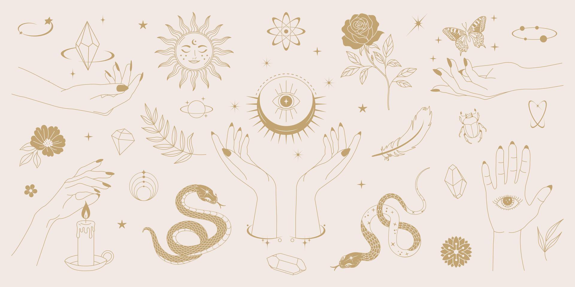 Mystical boho doodle set with hands, eyes, snakes, plants, crystals and moon symbols. Beige and gold color scheme. Ideal for tattoos, stickers, posters, witchy and spiritual designs. vector