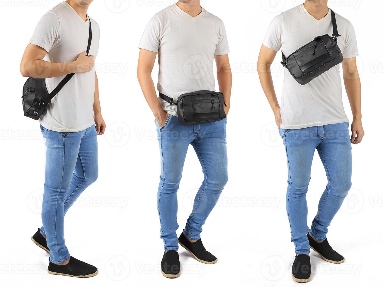 Collection of young men wearing sling bags photo
