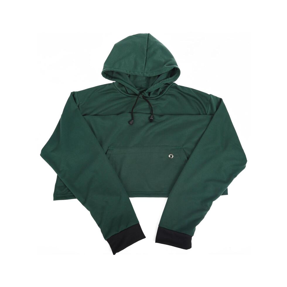 Army green hooded jacket isolated on white background photo