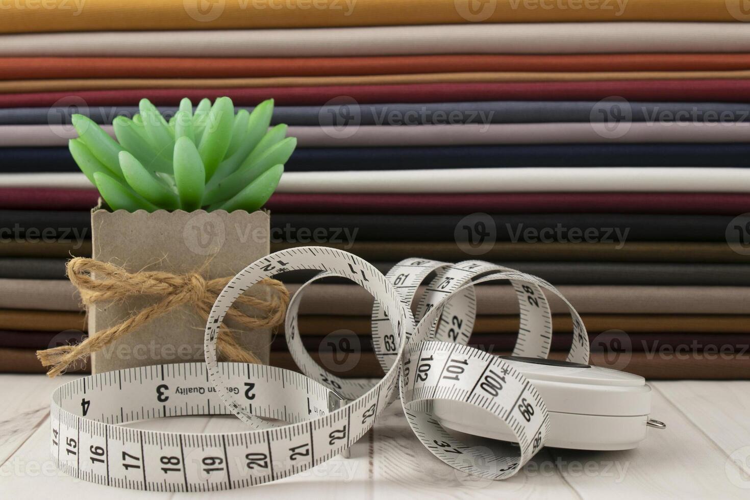 A measuring tape, scissors and a plant on a table photo