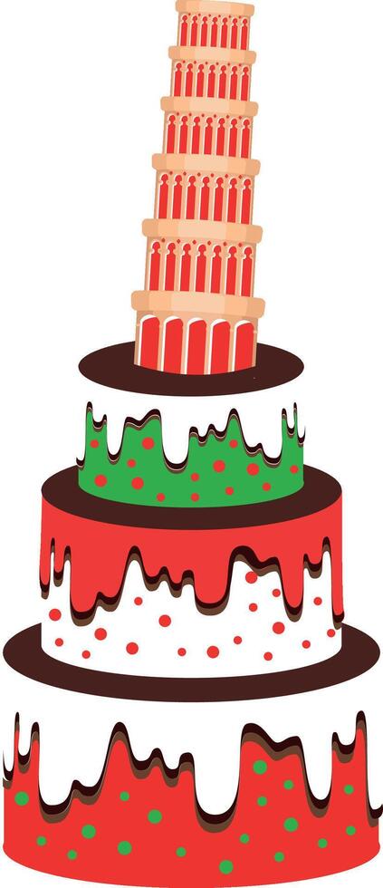 birthday cake stylized as the Italian flag with green and red icing, topped with a leaning tower - the Leaning Tower of Pisa - on top to symbolize Italy. vector