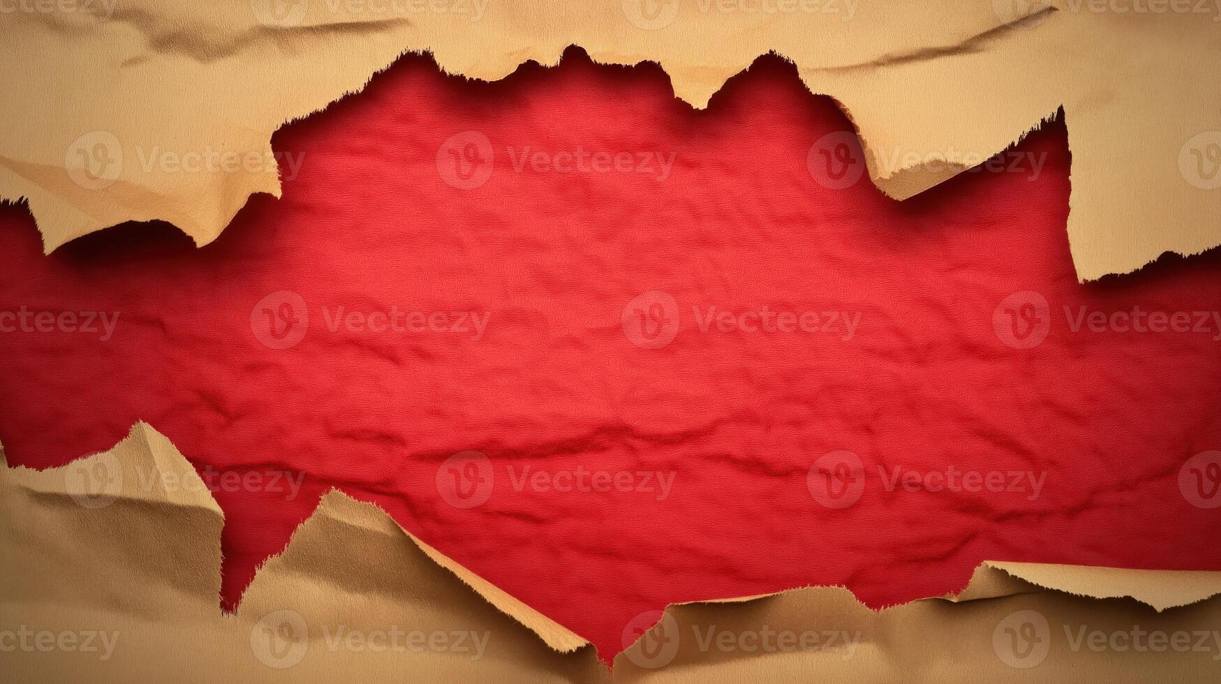 Creative background of brown craft paper torn to reveal bright red paper underneath photo