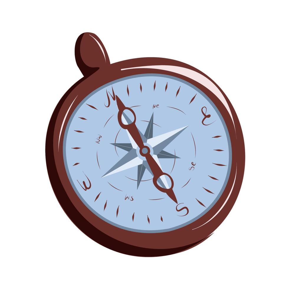 Vintage compass in metal frame. Travel equipment for indicating directions to the cardinal points. Isolated. vector