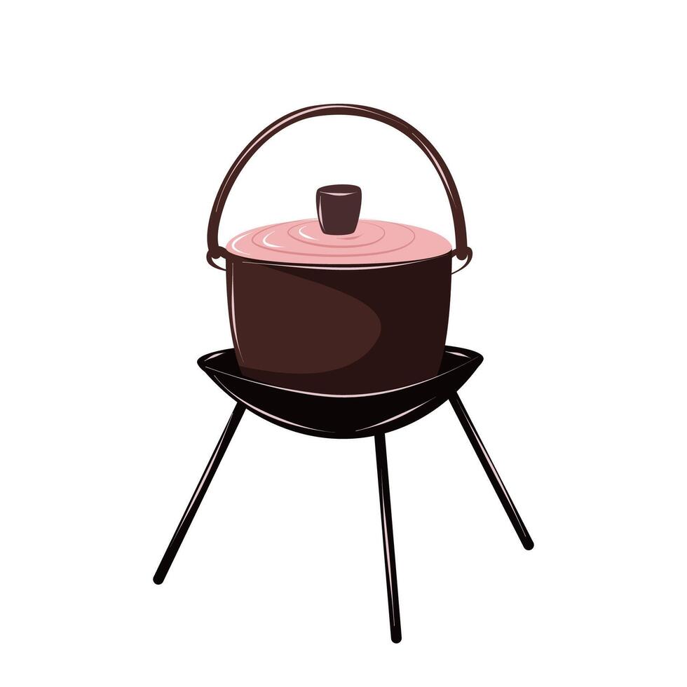 Pot on grill for cooking food outdoors. Camping equipment and utensils for summer recreation. Isolated illustration on white background. vector
