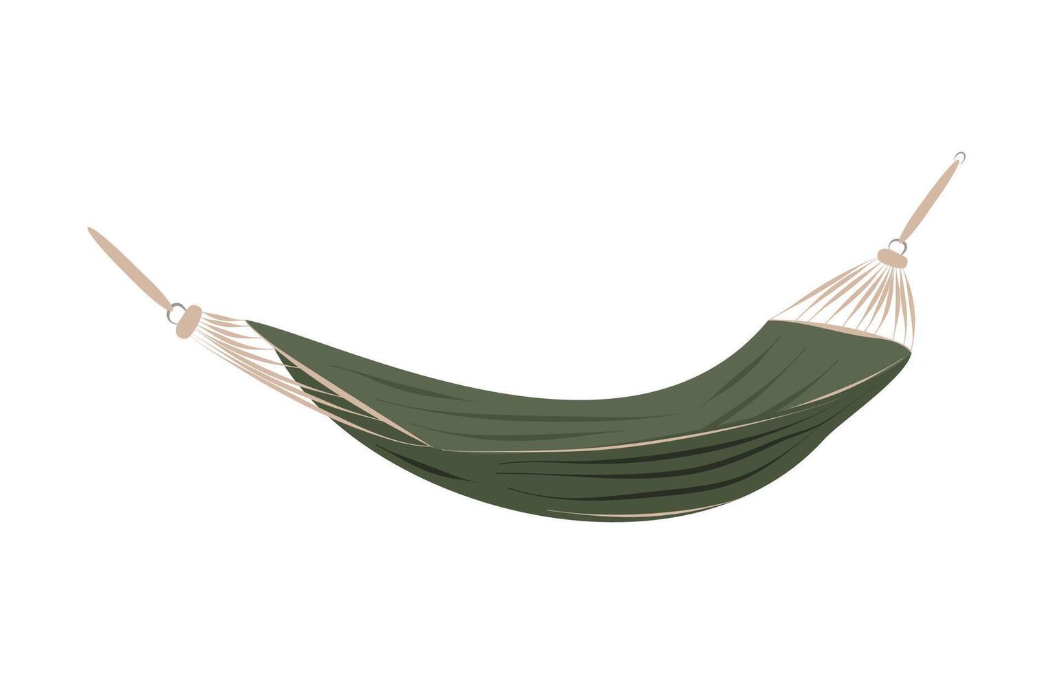 Green hammock for summer outdoor recreation, garden, park. Equipment for camping, glamping or picnic. Isolated illustration on white background vector
